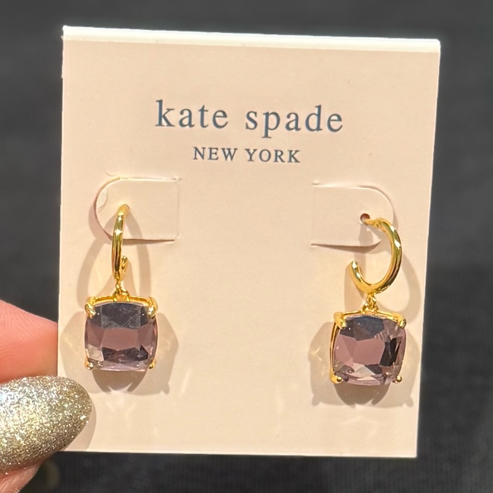 Kate Spade Gold and Lavender Dangle Hoop Earrings with Spade Backs